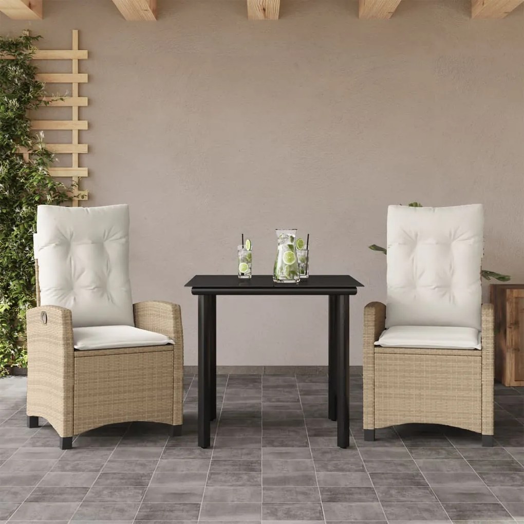 Set da Pranzo da Giardino 3 pz con Cuscini Beige in Polyrattan