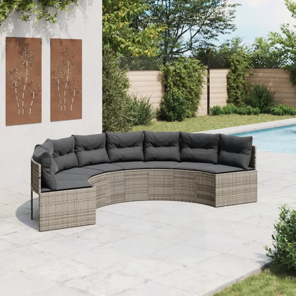 Divano da giardino con cuscini semicircolare grigio polyrattan