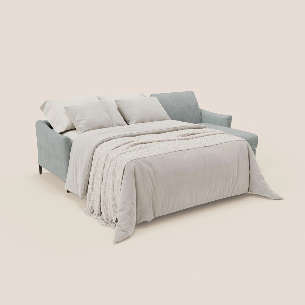 Dalia divano letto angolare con materasso alto 18 cm piedini alti e penisola contenitore in tessuto smacchiabile T17 verde acqua