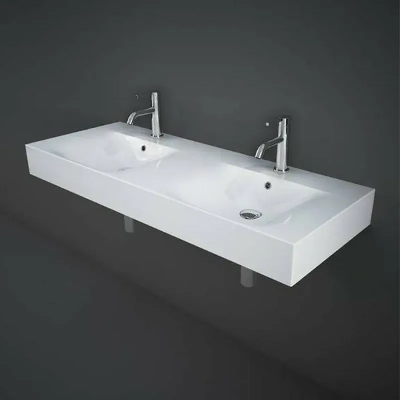 Lavabo sospeso doppio 120cm rettangolare in ceramica bianca Rak Des