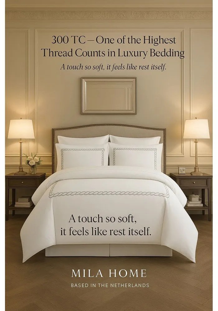 Set copripiumino e federa bianco in raso di cotone per letto matrimoniale ed esteso con lenzuolo incluso/6 pezzi 240x220 cm Whispered Serenity – Mila Home Luxury