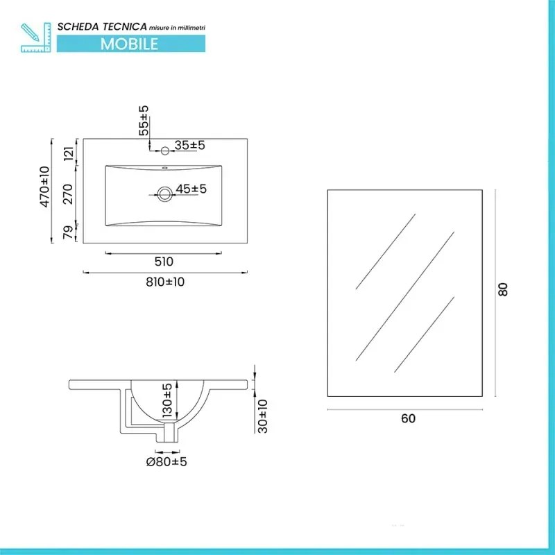 Mobile bagno sospeso 80cm rovere con cassetti lavabo e specchio Elva