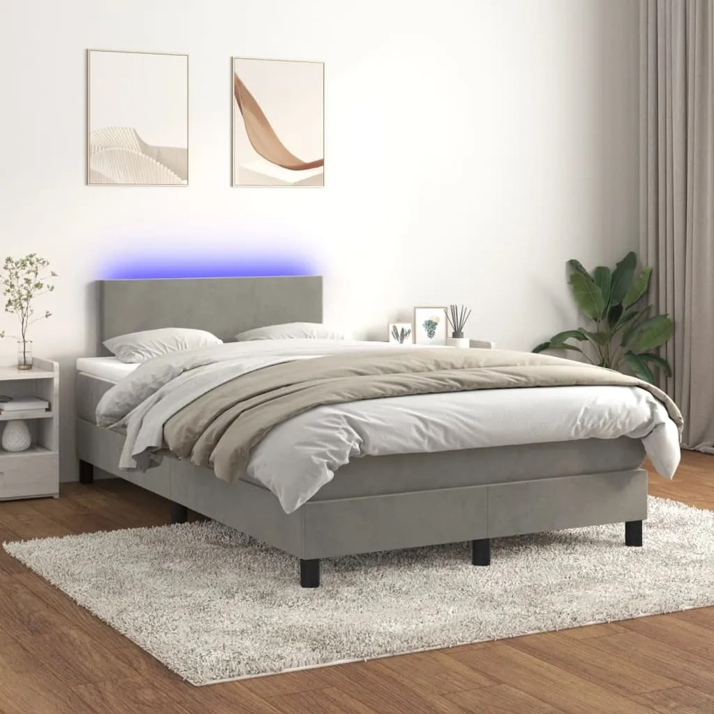 Letto a molle materasso e led grigio chiaro 120x200 cm velluto