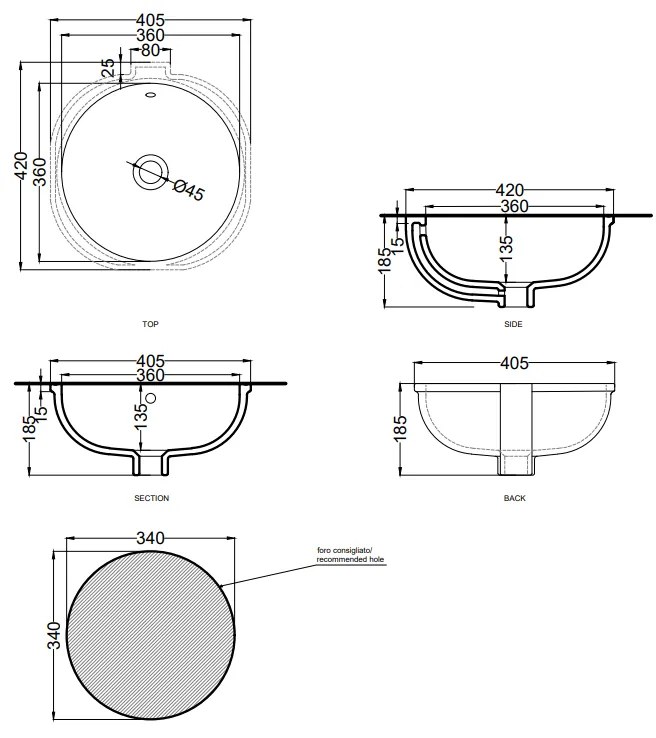 Cielo Enjoy Lavabo 42x40 Sottopiano tondo Senza Foro Con Troppopieno bianco lucido