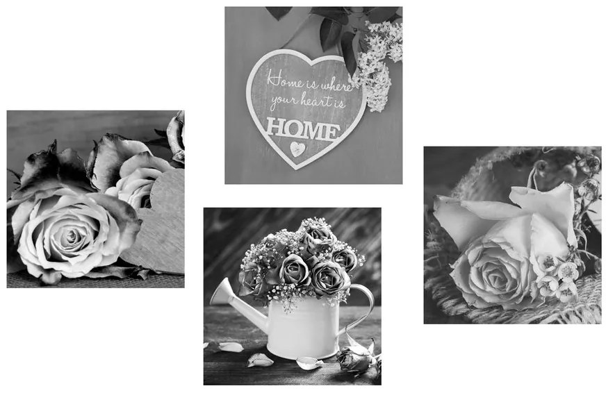 Set di quadri – Fiori in bianco e nero con scritta Home