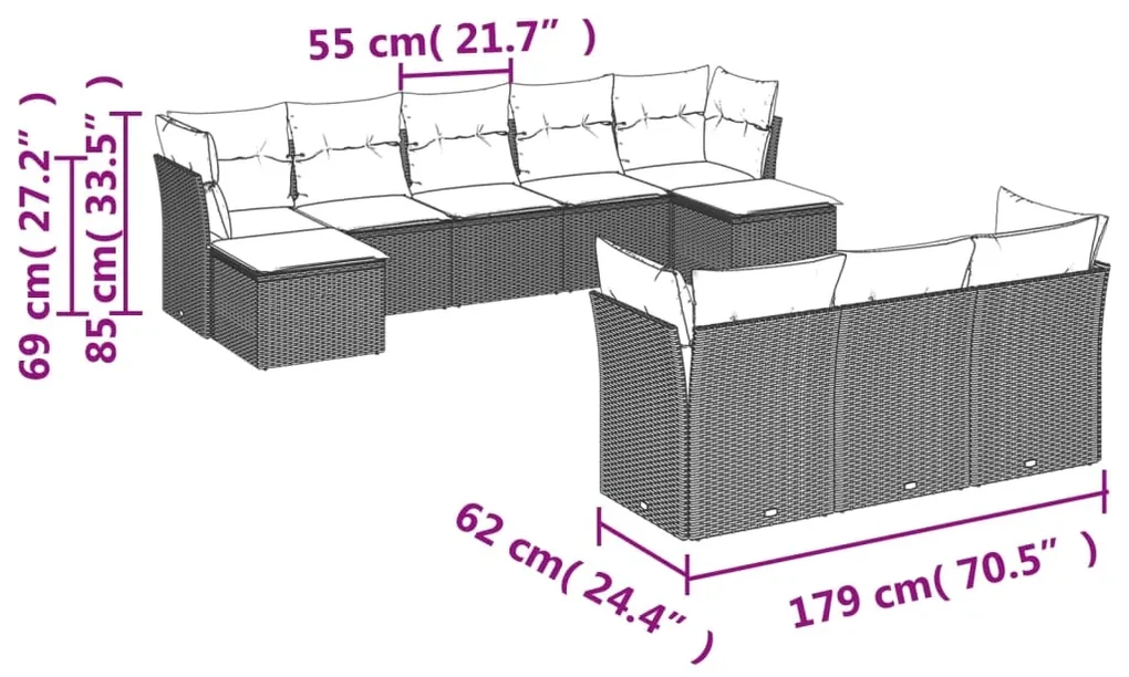 Set divano da giardino 10 pz con cuscini beige in polyrattan
