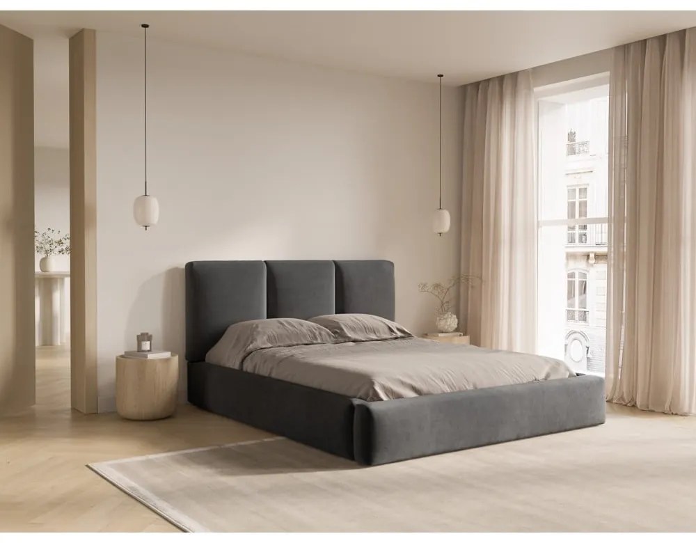 Letto matrimoniale imbottito in grigio scuro in velluto con contenitore con rete inclusa 160x200 cm Brody – Mazzini Beds