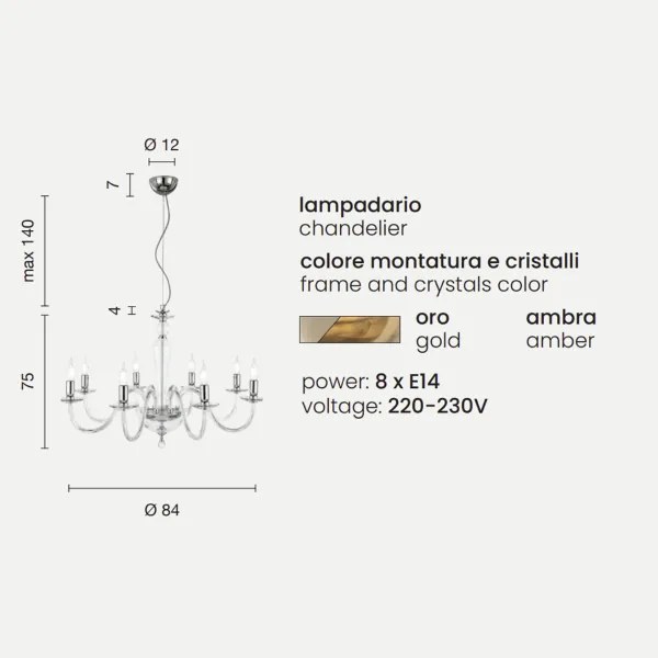 Lampada a sospensione D84 cm PAGANINI a 8 LUCI in vetro lavorato a mano AMBRA