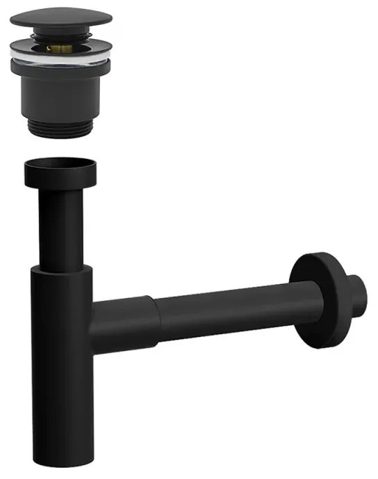 Sifone lavabo a canna tonda nero opaco completo di piletta click clack