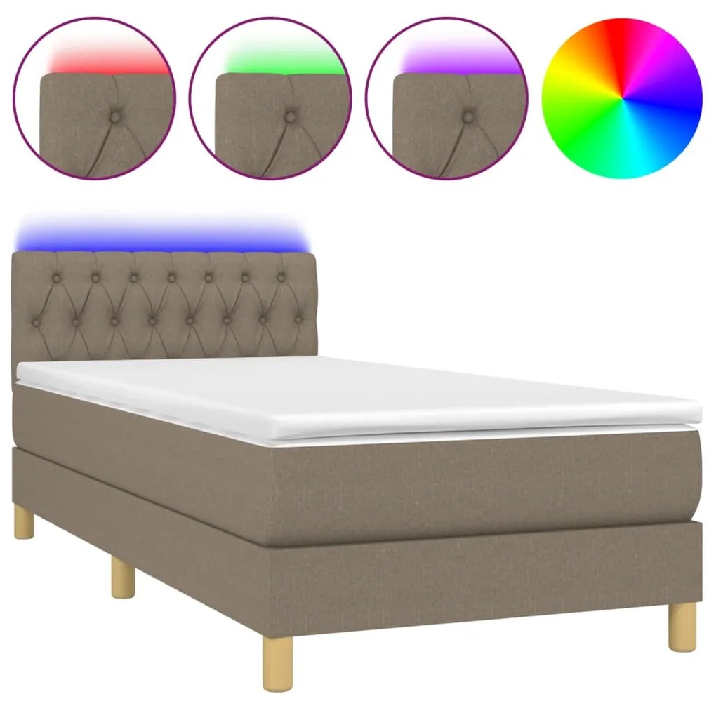 Letto a molle con materasso e led tortora 90x190 cm in tessuto