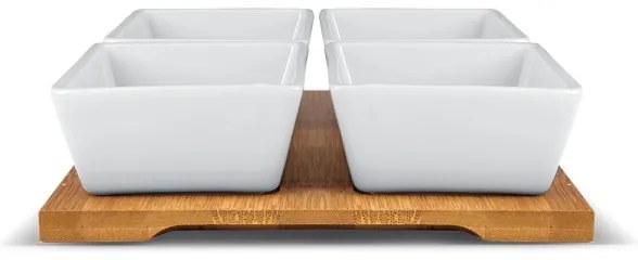 Lamart - Set 4 ciotole in porcellana 19x19 cm + vassoio in legno