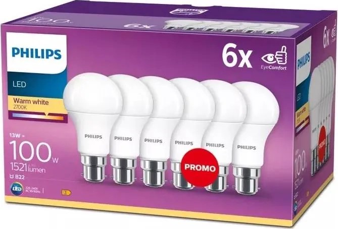 Set da 6 lampadine LED Philips A60 B22/13W/230V 2700K