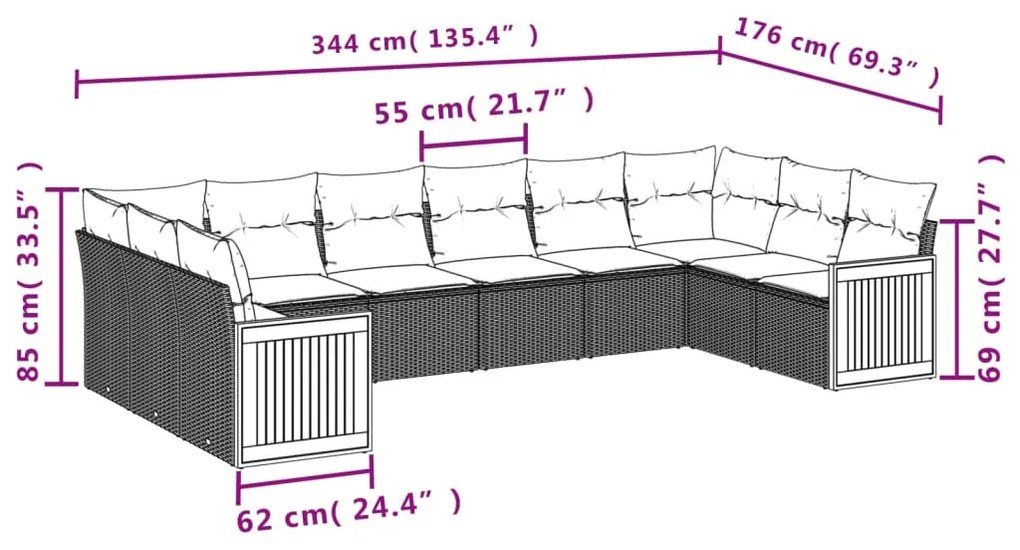 Set Divano da Giardino 10 pz con Cuscini Beige in Polyrattan