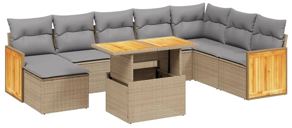 Set divano da giardino 9 pz con cuscini beige in polyrattan