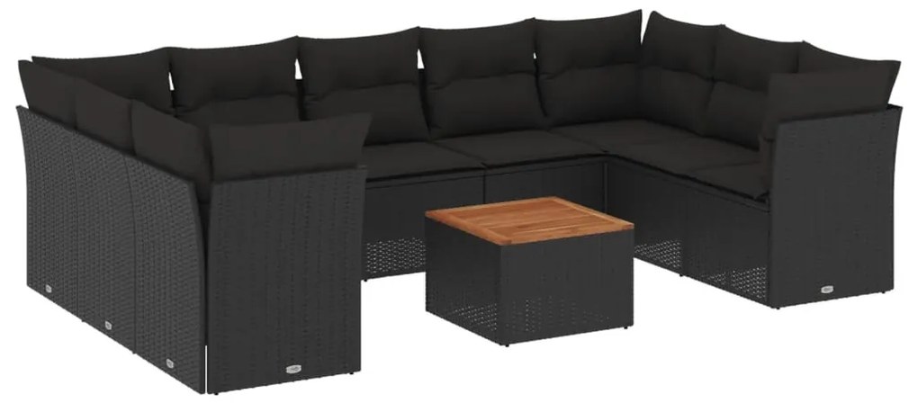 Set divani da giardino 10pz con cuscini in polyrattan nero