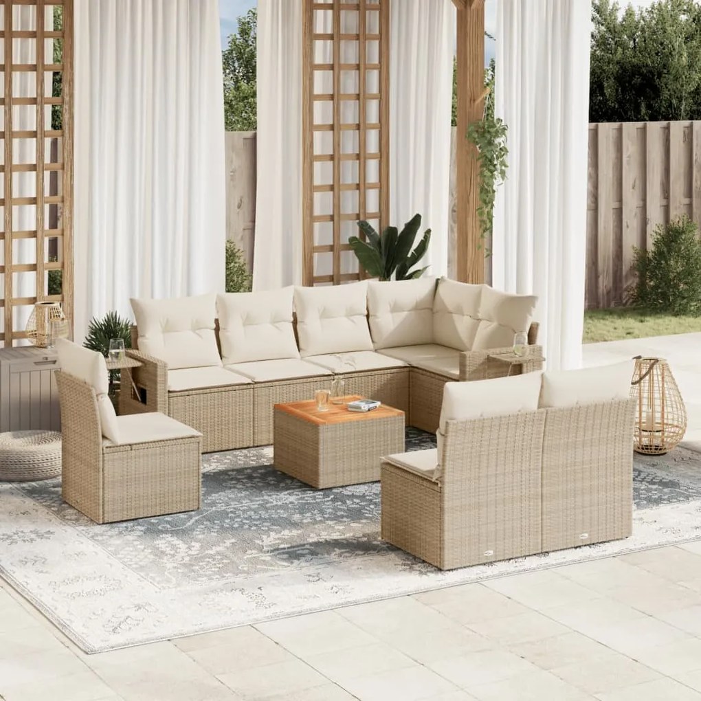 Set divano da giardino 9 pz con cuscini beige in polyrattan