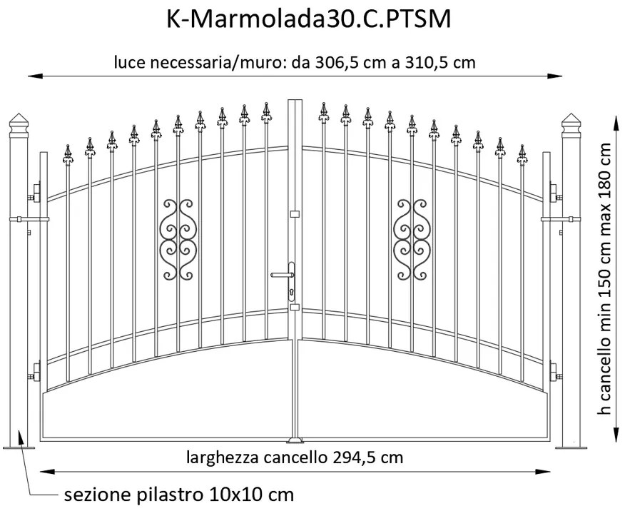 Cancello manuale con serratura manuale Marmolada in ferro, apertura centrale, L 308.5, H 165-195 cm, di colore ruggine