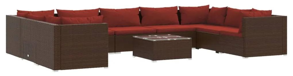 Set divani da giardino 10 pz con cuscini in polyrattan marrone