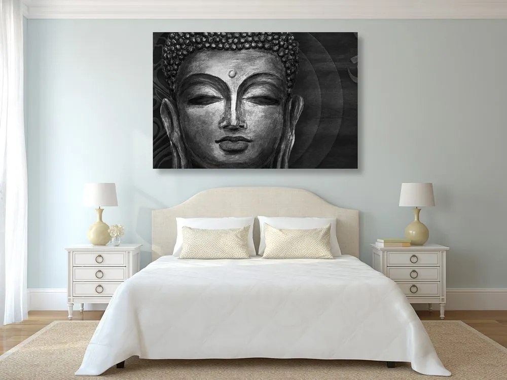 Quadro su tela – Viso del Buddha in bianco e nero