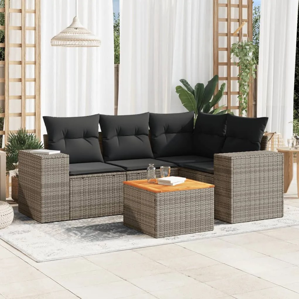 Set Divano da Giardino 5 pz con Cuscini Grigio in Polyrattan