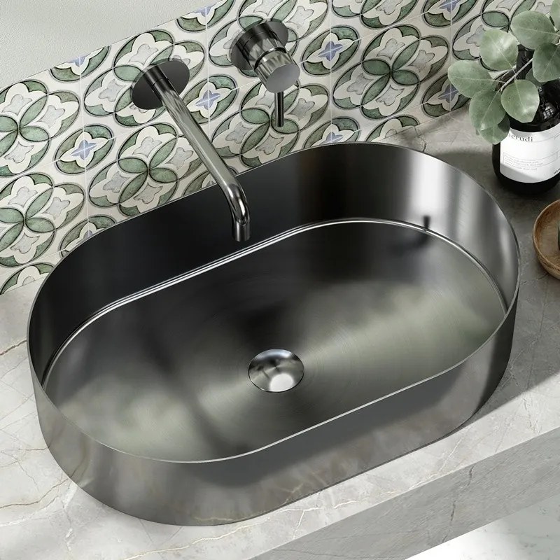 Kamalu - lavabo da appoggio in acciaio inox gun metal con finitura spazzolata | kj5500gm