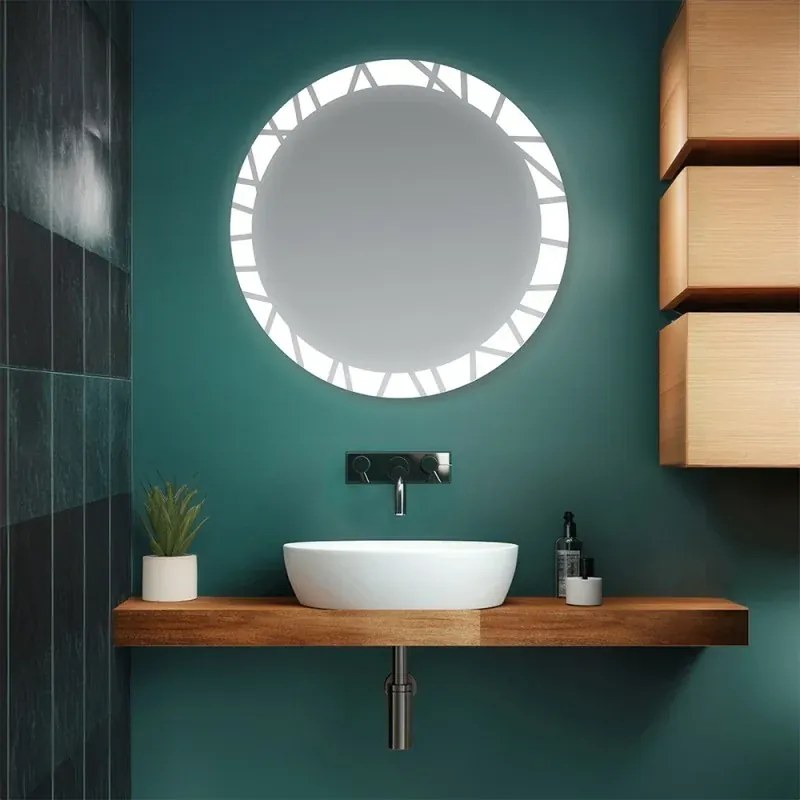 Specchio bagno tondo 80 cm con cornice LED retroilluminata e decorata