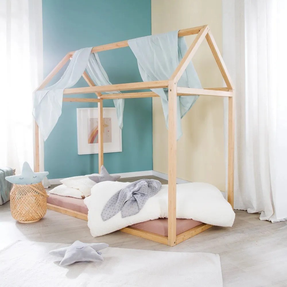 Letto da bambini a forma di casa di colore naturale in bambù con materasso incluso e rete non inclusa 70x140 cm House Bed – Roba