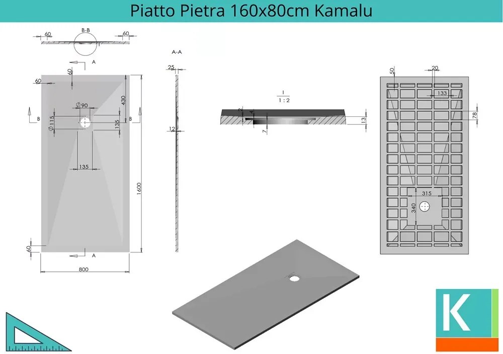 Piatto doccia 160x80 effetto pietra grigio cemento - KAMALU