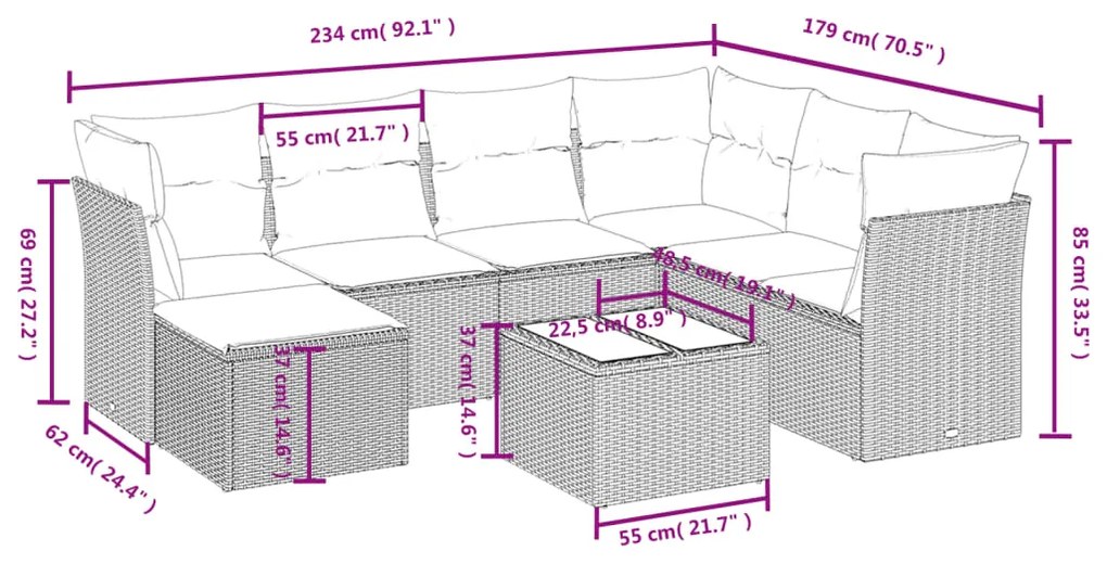 Set divano da giardino 8 pz con cuscini beige misto polyrattan