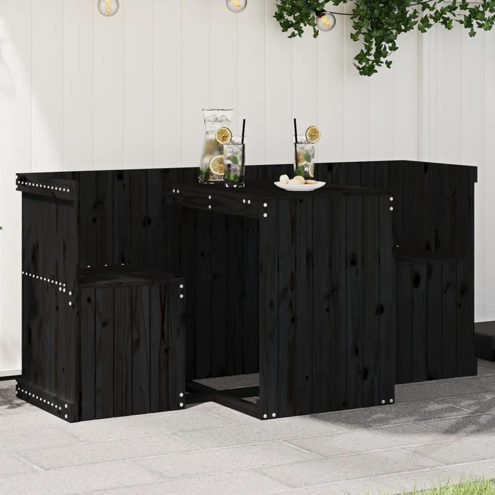 Set Da Balcone A 2 Posti Nero İn Legno Massello Di Pino /