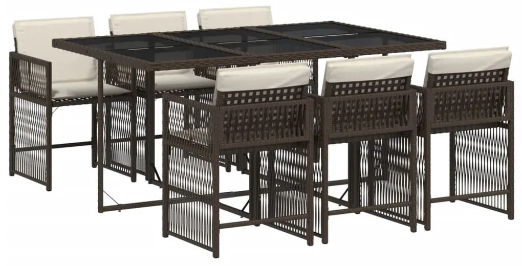 Set da pranzo da giardino 7pz con cuscini in polyrattan marrone