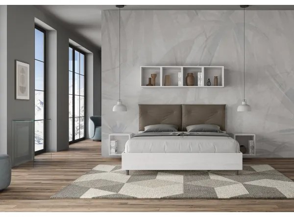 Letto matrimoniale contenitore 160x190 bianco frassino cuscini similpelle cappuccino Egos Appia