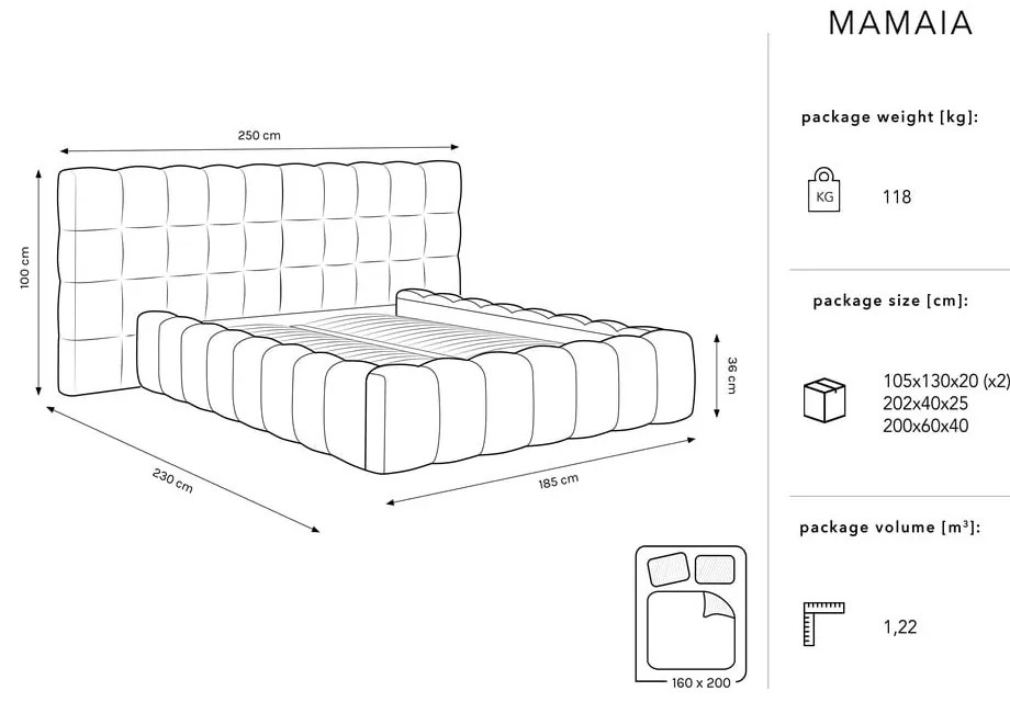 Letto matrimoniale imbottito grigio chiaro con spazio contenitivo e rete 160x200 cm Mamaia - Micadoni Home