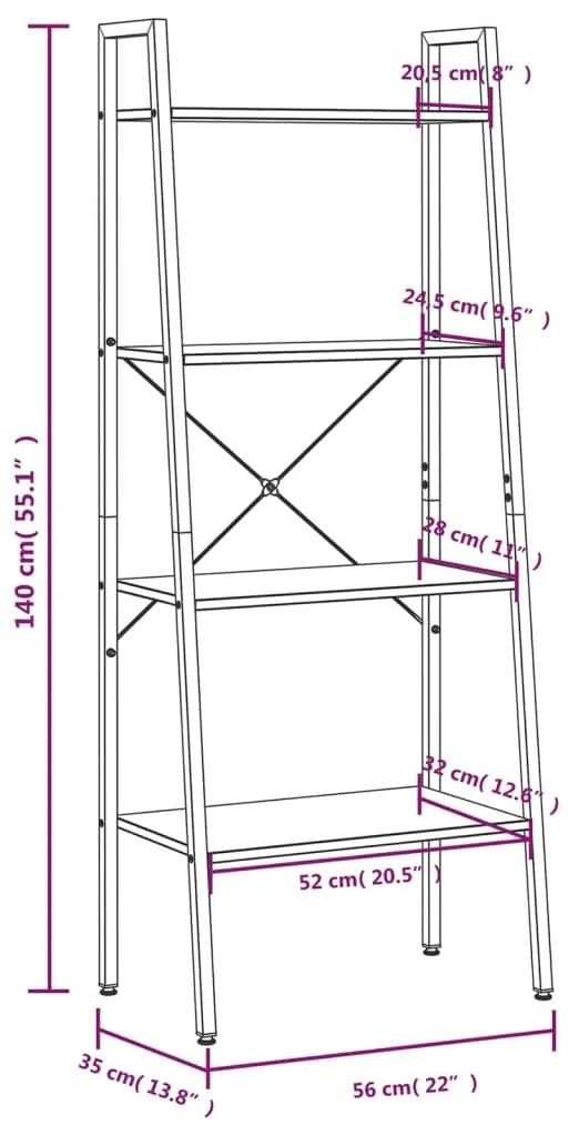 Scaffale Autoportante 4 Ripiani Marrone Scuro Nero 56x35x140 cm