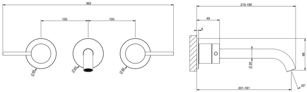 Parte esterna gruppo lavabo a parete 3 fori bocca lunga senza scarico parte incasso non inclusa steel brushed gessi