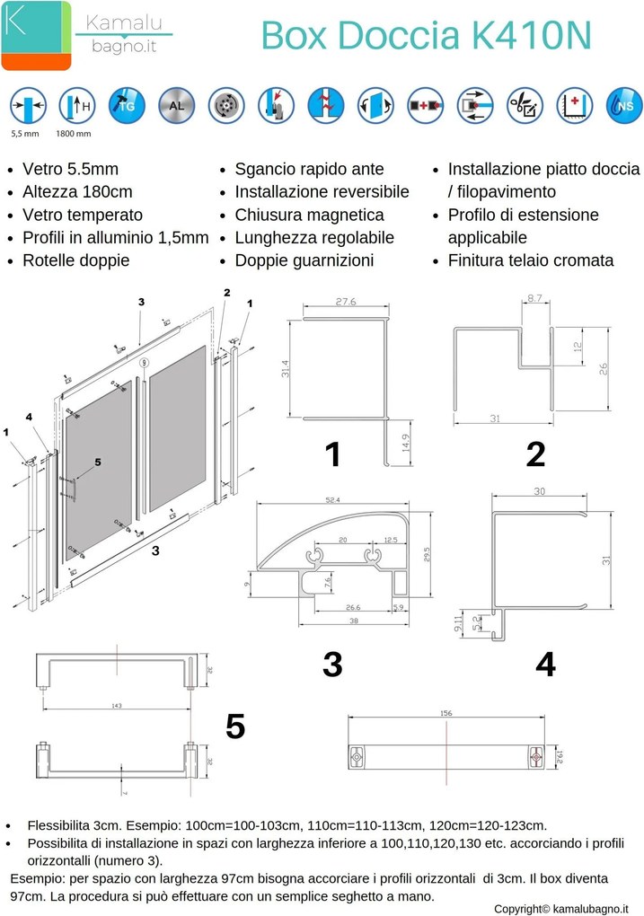 Cabina Nicchia vetro serigrafato 170cm altezza 180cm K410N - KAMALU