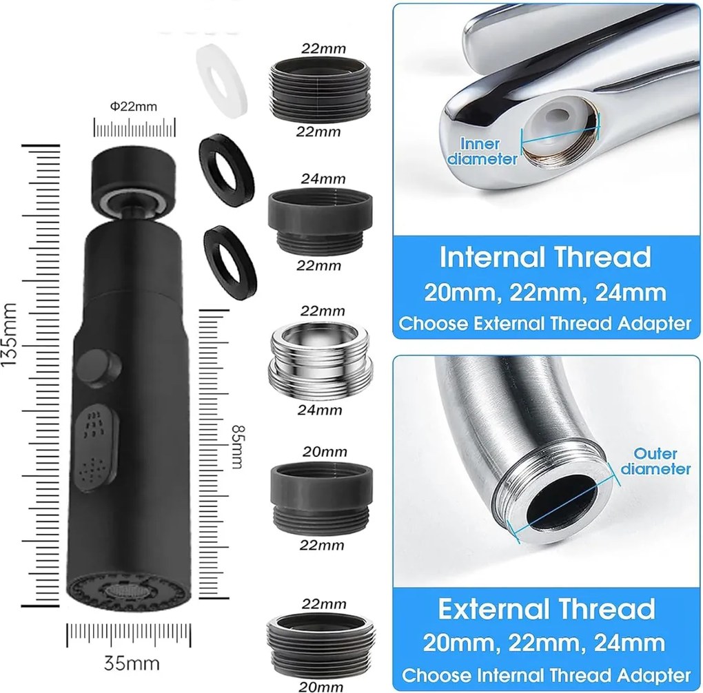 Aeratore per rubinetto EYN DEL1712 orientabile a 360° con 3 getti, disponibile in più finiture — B