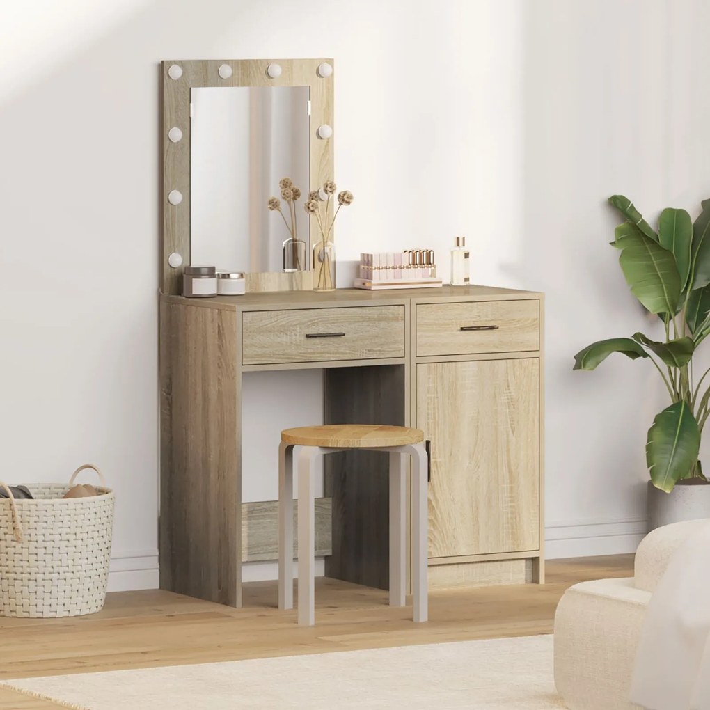 Set di 2 pezzi per vanity con led in legno ingegnerizzato rovere