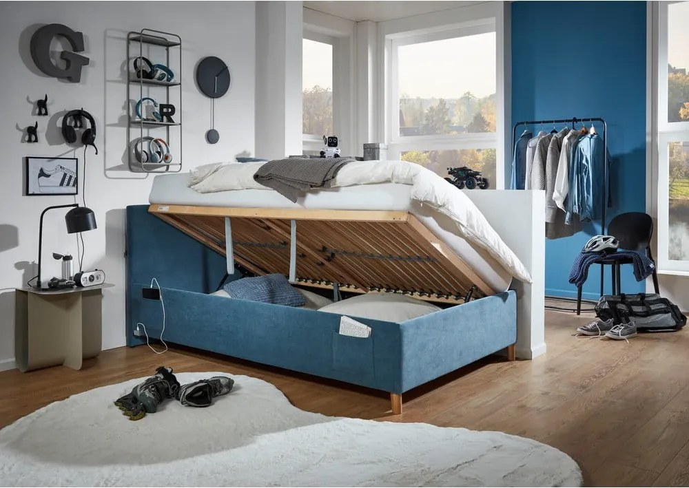 Letto da bambini blu imbottito con contenitore con rete inclusa 140x200 cm Cool – Meise Möbel