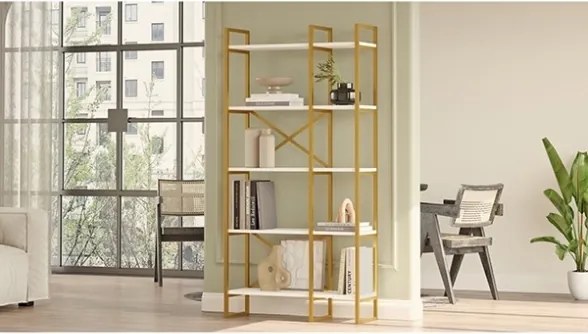 Libreria 88x30x175 Cm 5 Ripiani Oro E Bianco Doppio Modulo Decus