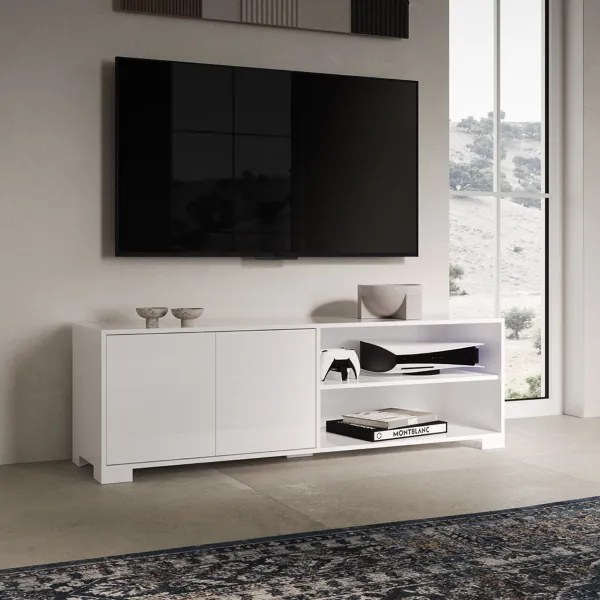 Porta TV in legno con 2 ante e vano a giorno 150x40 cm KYLA Bianco Lucido