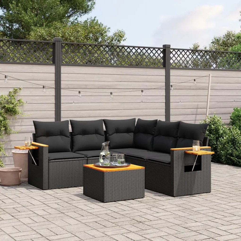 Set divano da giardino 6 pz con cuscini nero in polyrattan