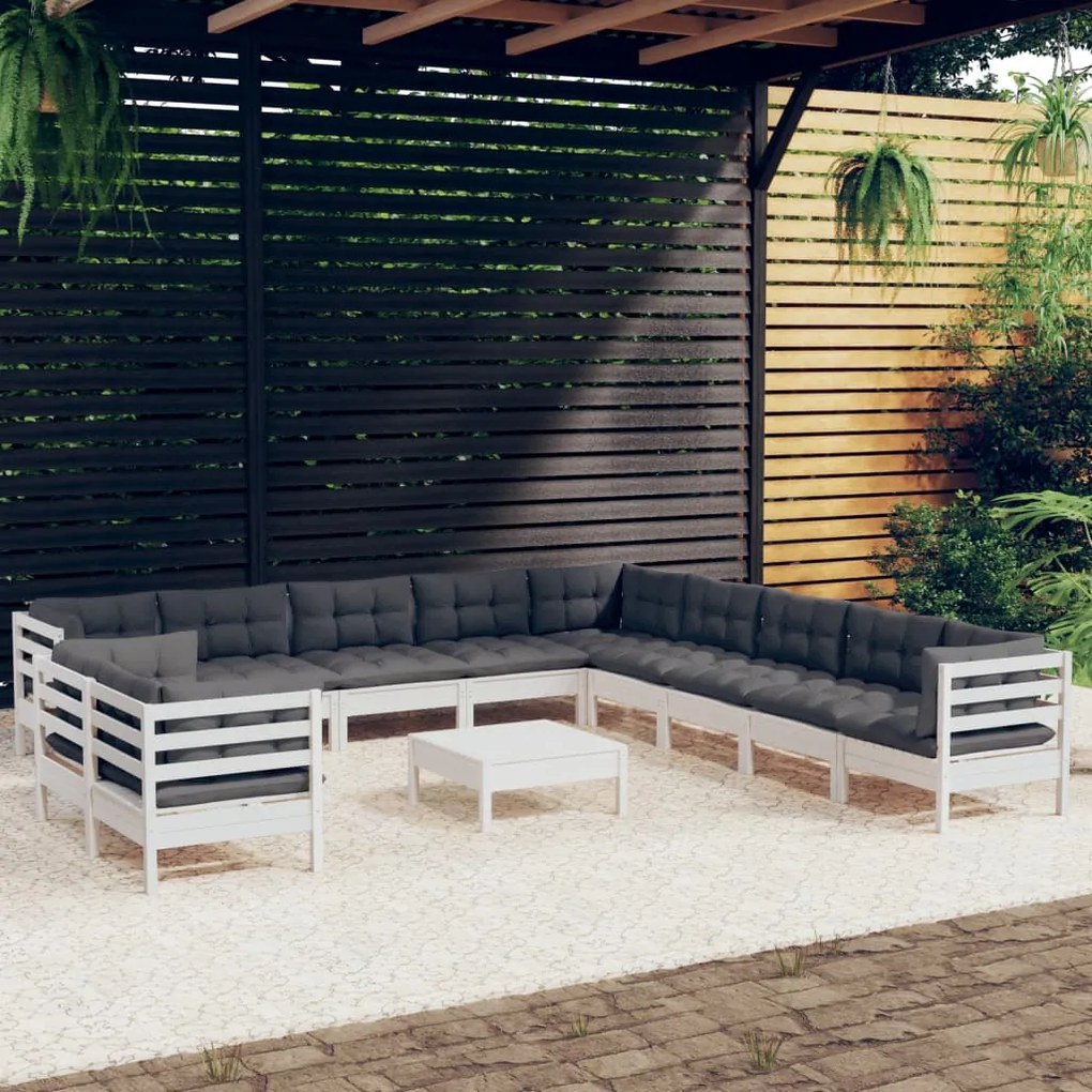 Set divani da giardino 12 pz con cuscini bianchi legno di pino