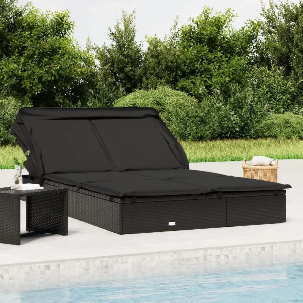 Lettino Doppio Tetto Pieghevole Nero 213x118x97 Cm Polyrattan /
