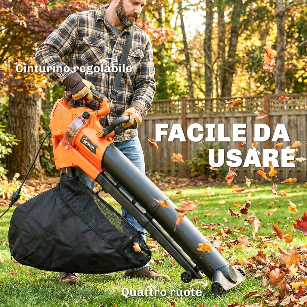 Soffiatore 3-in-1 con Funzione Aspiratore Trituratore per Foglie 3000W in PP e Tessuto Nero e Arancione...