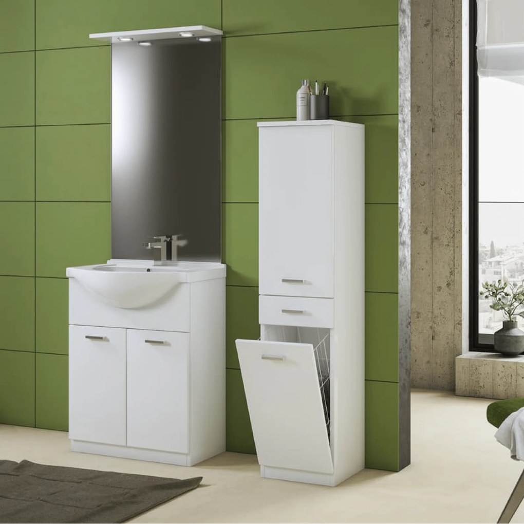 Mobile Bagno a Terra 75 Cm Due Ante Specchio Con Fari Led 70x104 Cm Savini "Classica" Bianco Lucido
