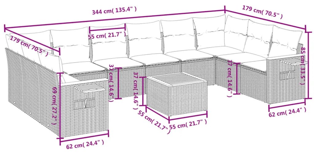 Set Divani da Giardino 11 pz con Cuscini in Polyrattan Nero