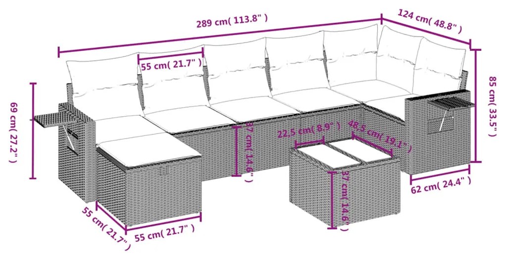 Set divani da giardino con cuscini 8 pz nero in polyrattan