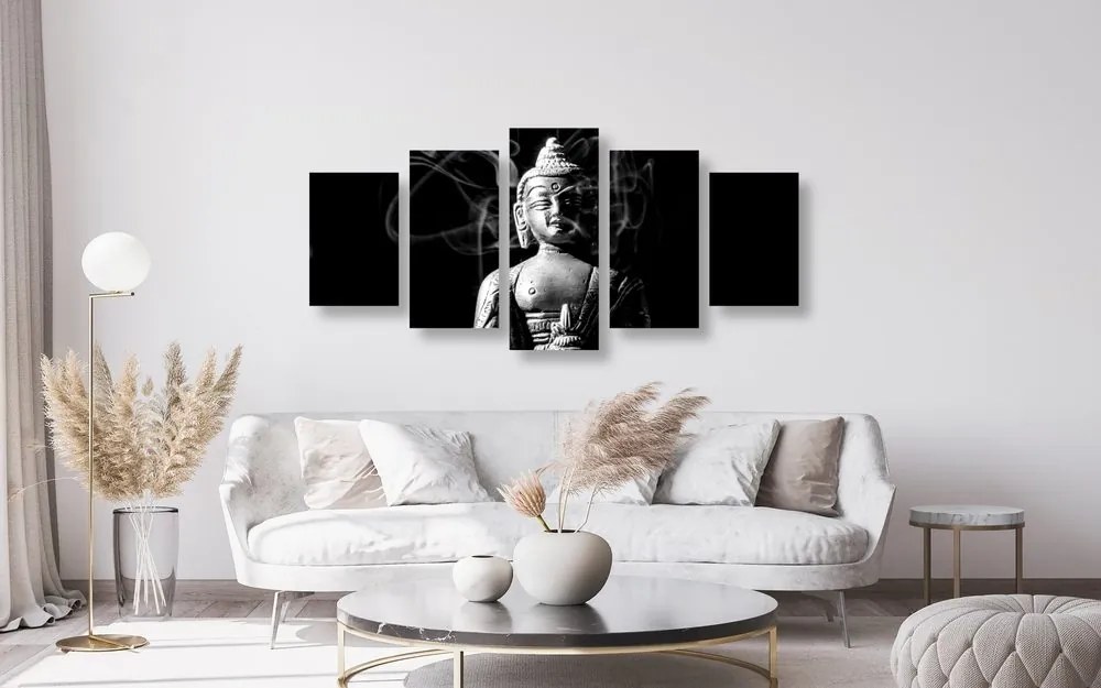 Quadri 5 pezzi – Statua del Buddha in bianco e nero