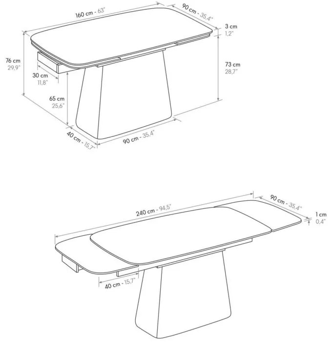 Tavolo MALTA in vetroceramica effetto marmo statuario, allungabile con base noce 160×90 cm – 240×90 cm